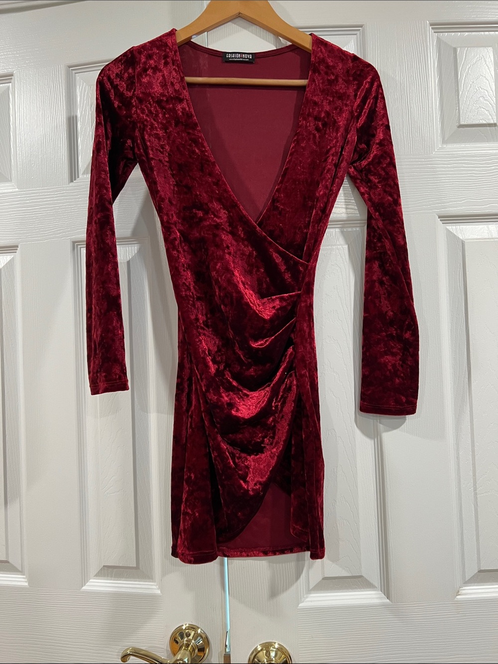 Fashion Nova Wine Red Velvet Wrap-Style Long Sleeve Dress
